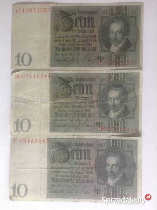 Zestaw 3 banknotów o nominale 10DM z 1929r