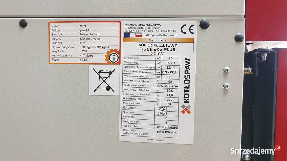 Kocioł pelletowy SlimKo Plus 20 kW 5 klasa stal podlaskie Łomża