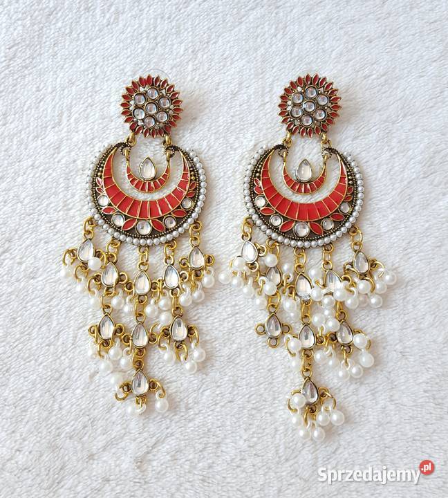 Długie kolczyki czerwony złoty kolor indyjskie Szczecin