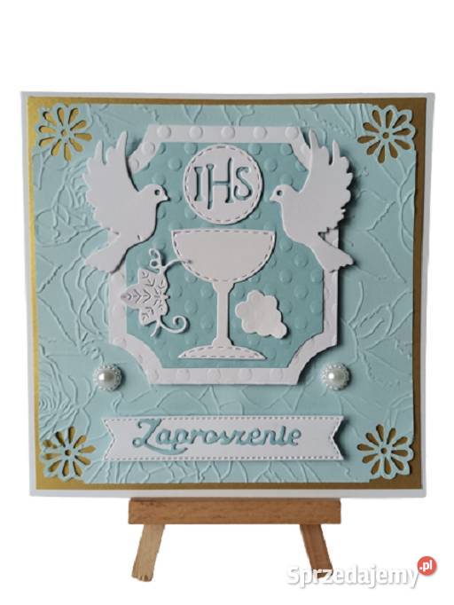 ZAPROSZENIA KOMUNIA CHŁOPIEC KIELICH Z GOŁĘBIAMI wielkopolskie Poznań