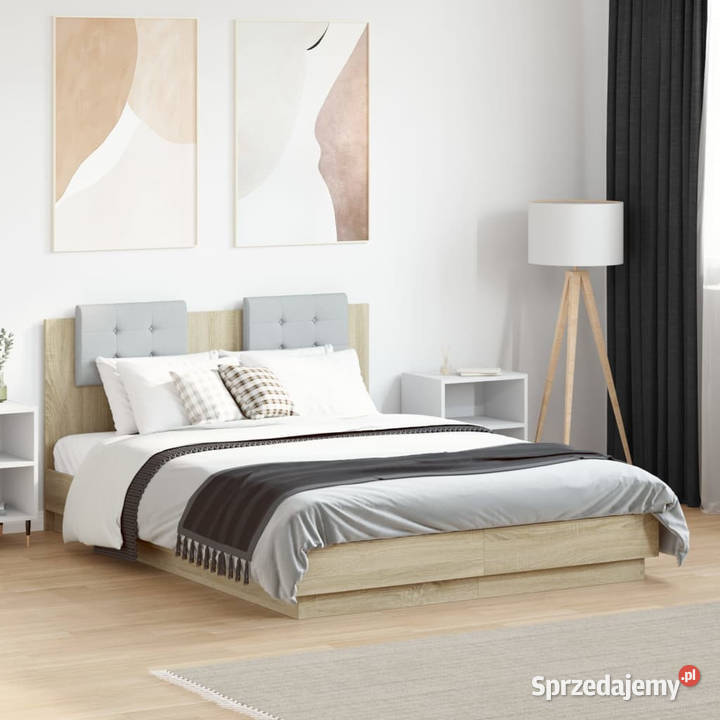 Rama łóżka z wezgłowiem i LED dąb sonoma 140x190 mazowieckie Warszawa