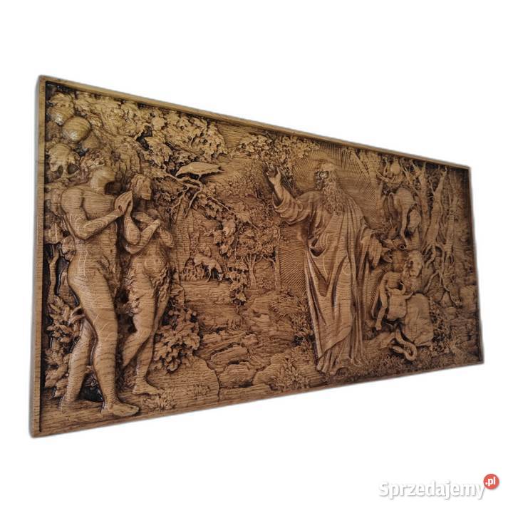 Stworzenie Adama i Ewy Piękna dębowa rzeźba Malechowo