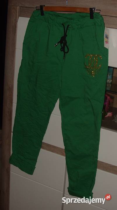 NOWE zielone spodnie gnieciuch złote literki CC Długie wielkopolskie