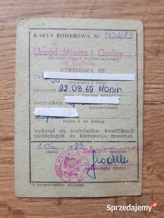 Karta Rowerowa 1983 r Golina sprzedam