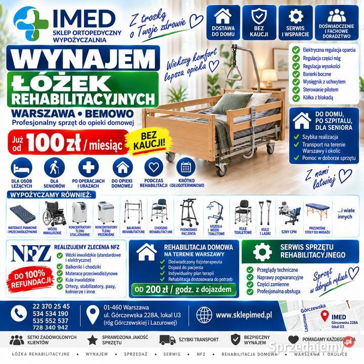 Wynajem łóżek rehabilitacyjnych Warszawa 100 bez Sprzęt rehabilitacyjny i ortopedyczny