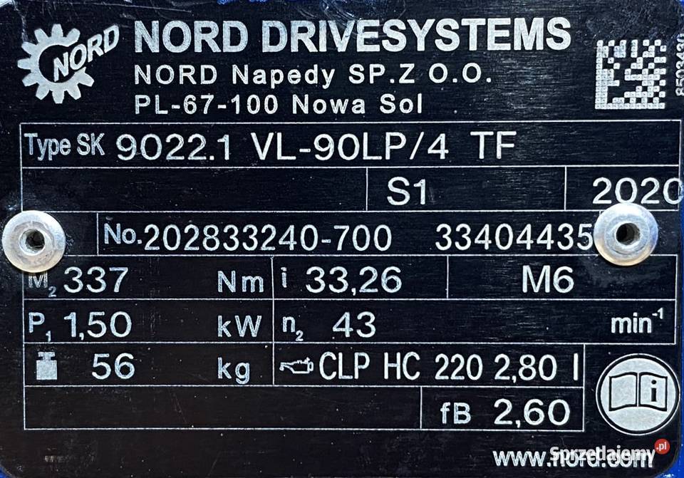 motoreduktor przekładnia 15kW 43obr NORD Pigża