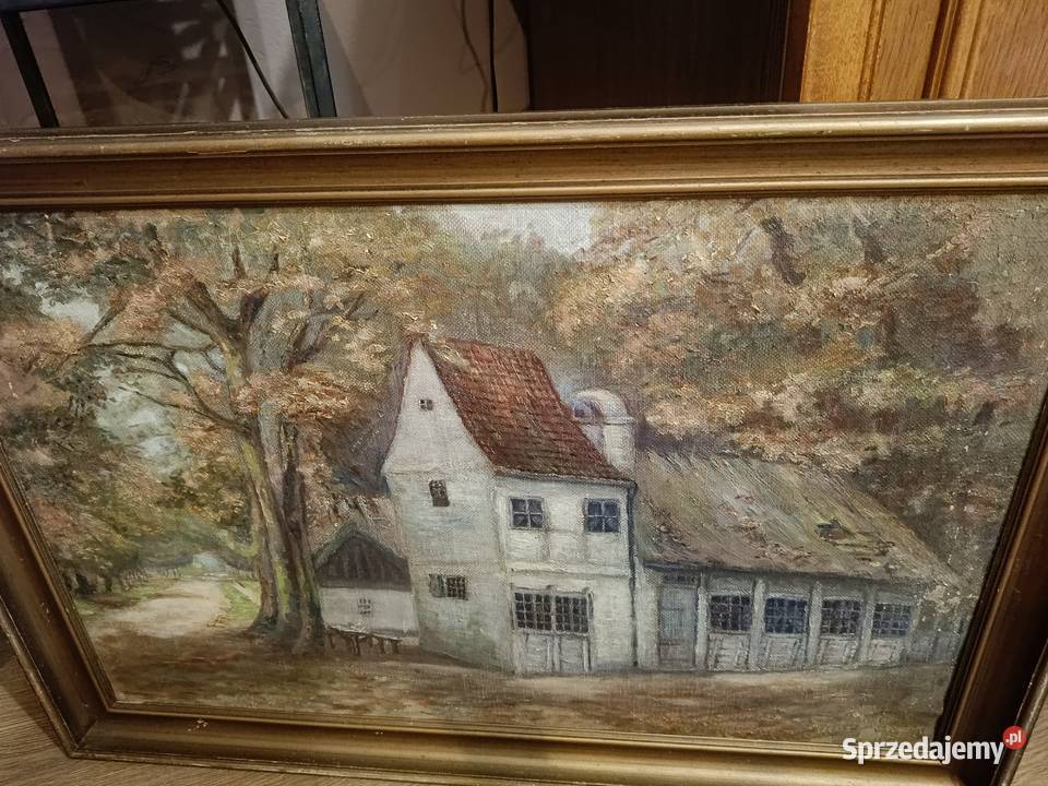 Stary obraz olejny na płótnie Sielankowy pejzaż Lipno