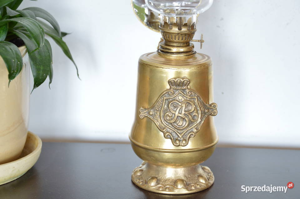 lampa naftowa mosiężna stojąca z lusterkiem śląskie Jastrzębie-Zdrój