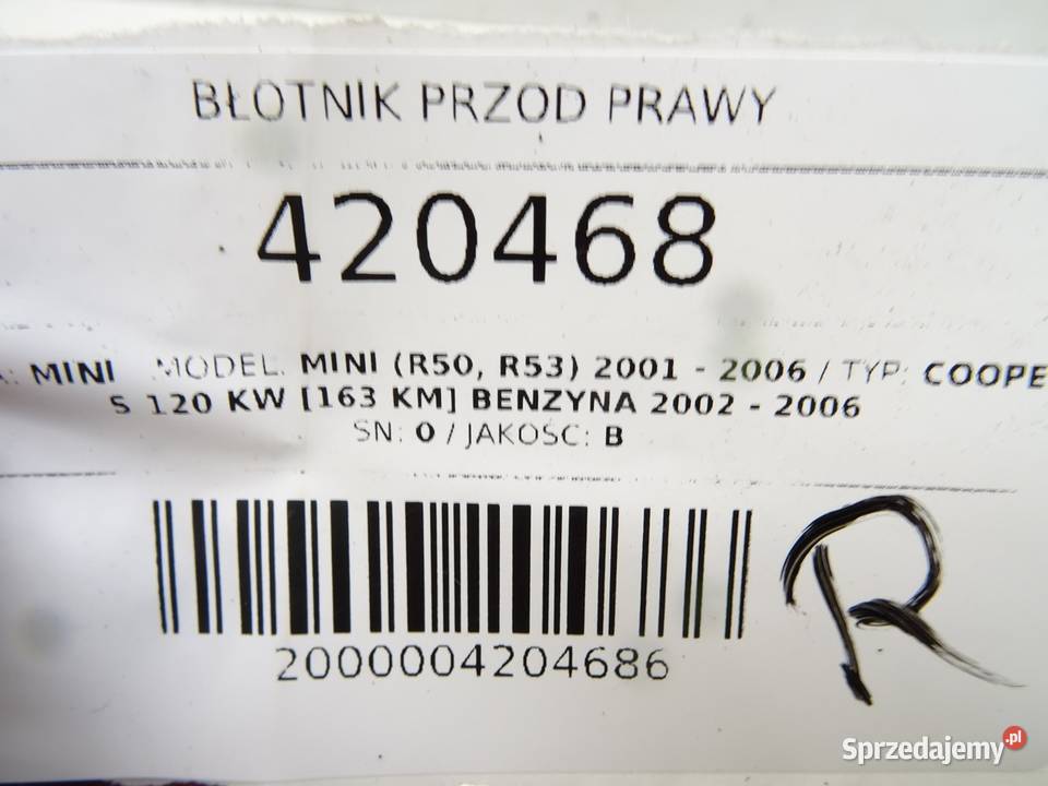 BŁOTNIK PRZÓD PRAWY MINI R50 R53 Hatchback 0106 osobowe sprzedam