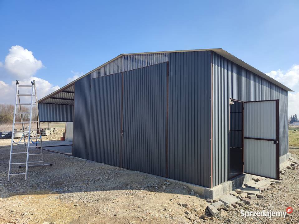 Garaż blaszany Grafitowy z zadaszeniem boczn Jawor