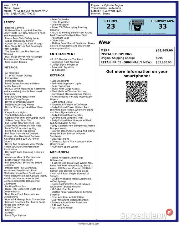 Jaguar XF 20 Benzyna 247hp 25t Premium AWD 2019 Rok produkcji 2019