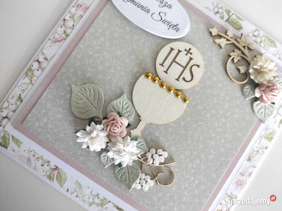 Kartka ręcznie robiona Komunia Święta pistacjowa Łódź