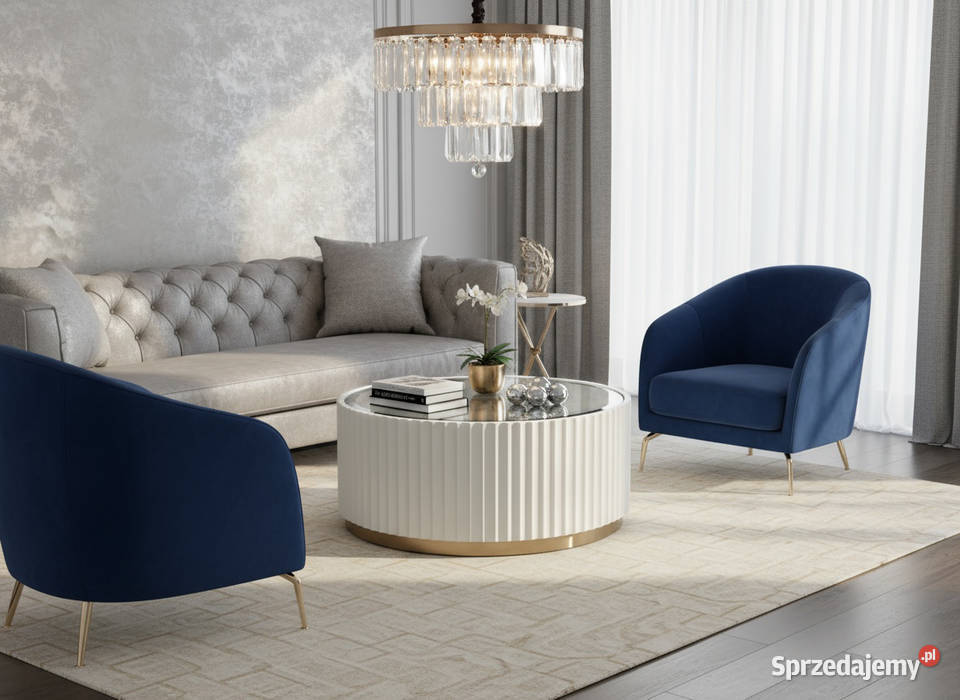 Stolik kawowy ryflowany biały okrągły złoty z Golkowice