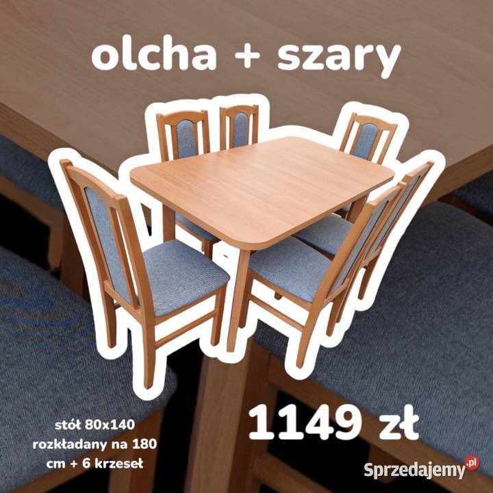 Nowe: Stół 80x140/180 + 6 krzeseł, OLCHA + SZARY , transPL