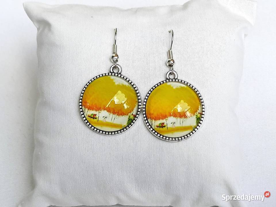 Kolczyki grafika pod szkłem drzewo żółte Łódź