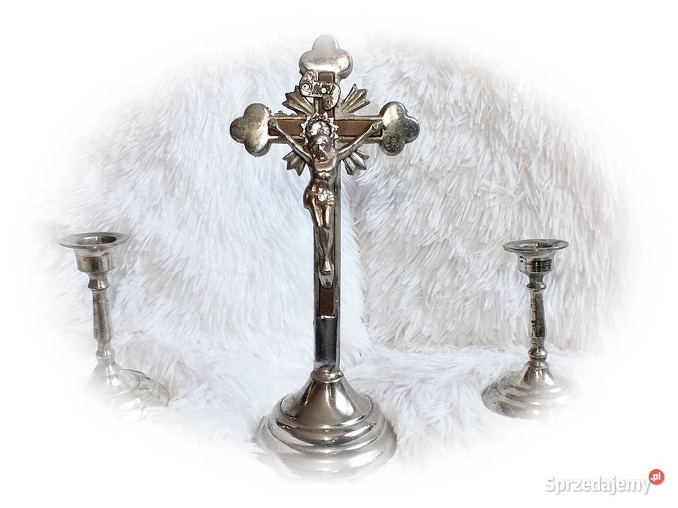 Oryginalny stary metalowy krzyż i dwa świeczniki Żary sprzedam