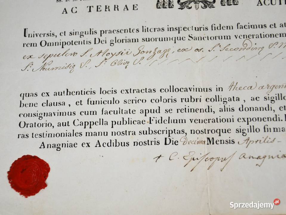 Certyfikat relikwii z 1867r wystawił Biskup Antykwariat Bronisze