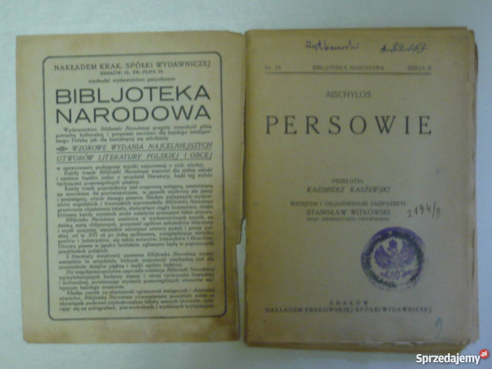 Przedwojenna Ksiązka Persowie Aischylos Rok wydania 1921