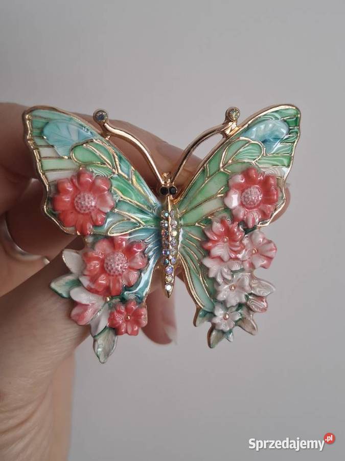 Piękna broszka motyl z kwiatami styl vintage Wąbrzeźno sprzedam