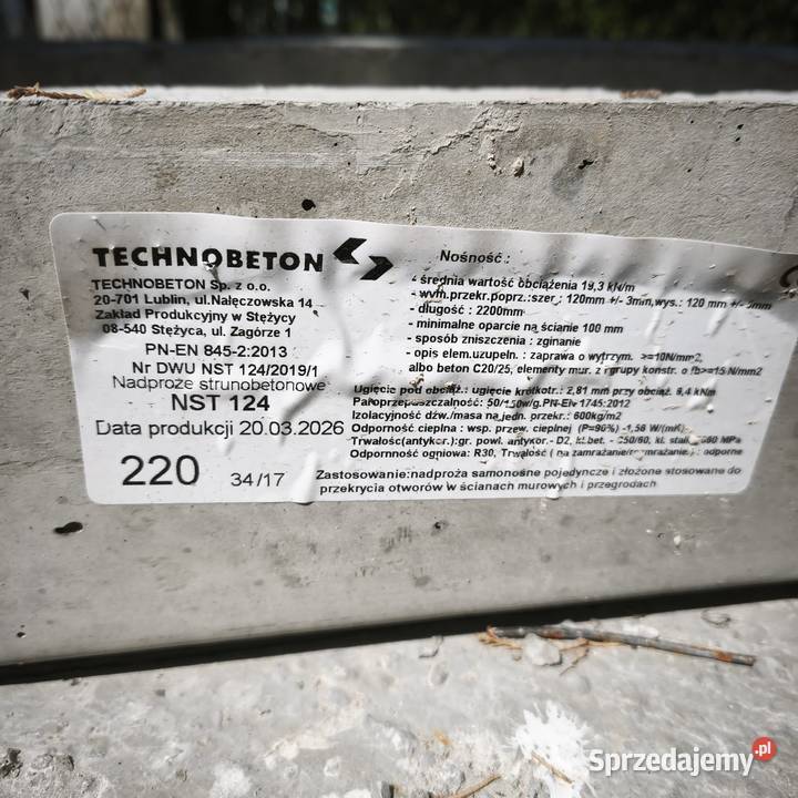 Dźwigary nadproża 220 i 250 technobeton Gołąb
