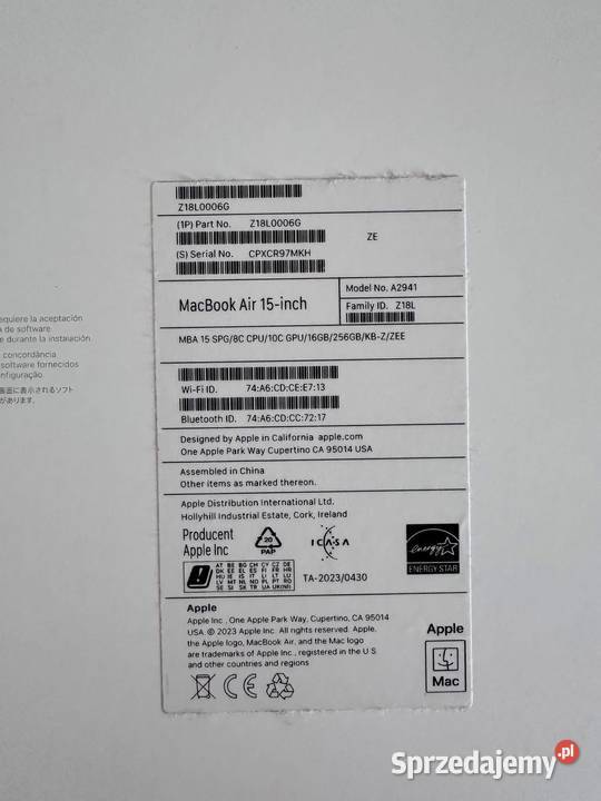 MacBook Air 15 M2 16GB256GB Space Gray bateria Rzeszów