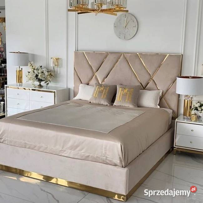 ŁÓŻKO IMPERIAL Glamour 180x200 Beż Welwet Złota Łóżka Warszawa