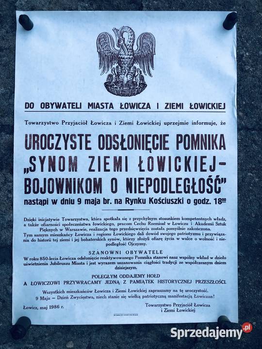 Plakat 1986 Łowicz odsłonięcie pomnika o