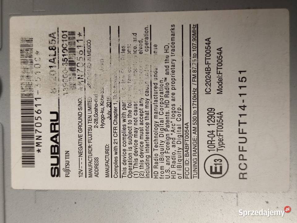 Subaru radio Fujitsu Ten FT0054A 86201AL85A Skoczów sprzedam