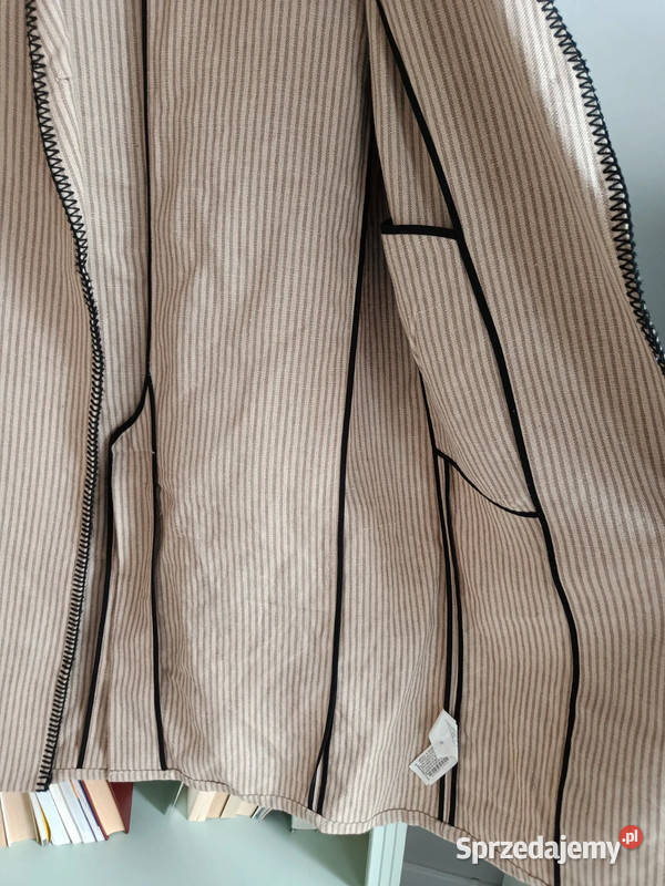 Beżowy lniany płaszcz jesienny w paseczki Zara Zara Oborniki