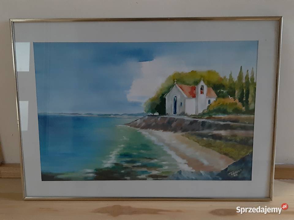 Obraz akwarela oryginał 50x70 Morze kościół Cypr Oświęcim