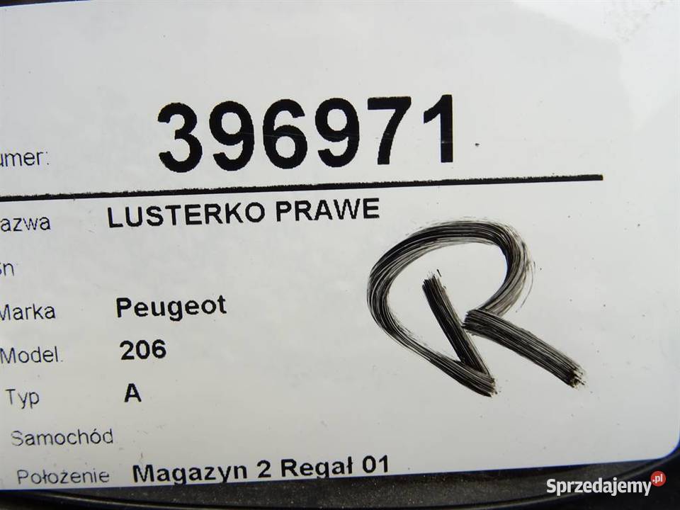 LUSTERKO PRAWE PEUGEOT 206 ZEWNĘTRZNE PRAWA