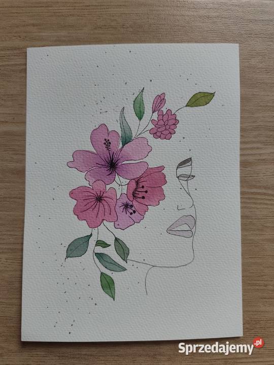 Obraz Akwarela Kobieta w kwiatach Rękodzieło Katowice sprzedam