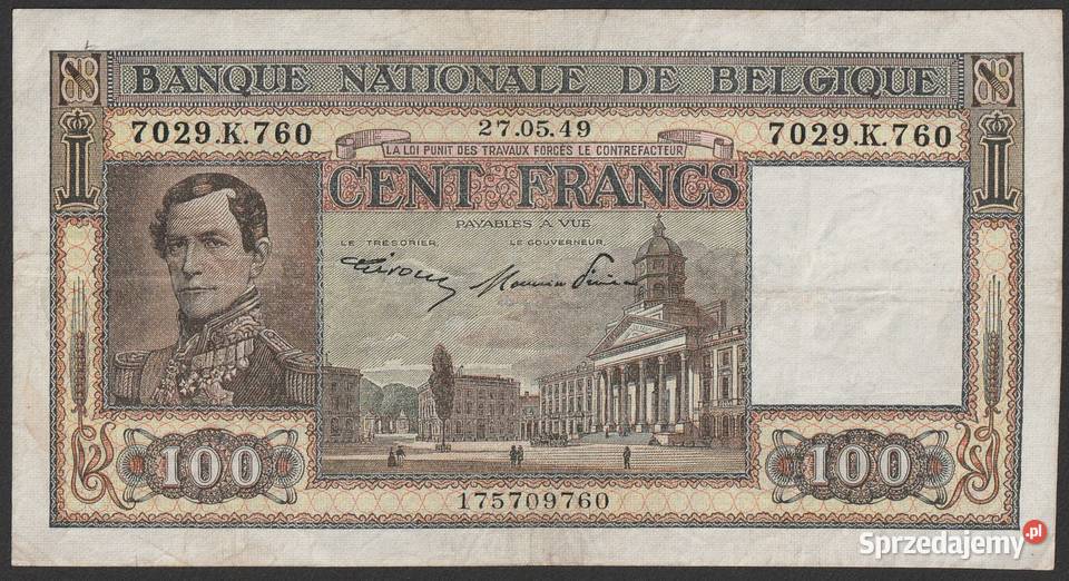BELGIA 100 FRANKÓW 1949 LEOPOLD II Łódź