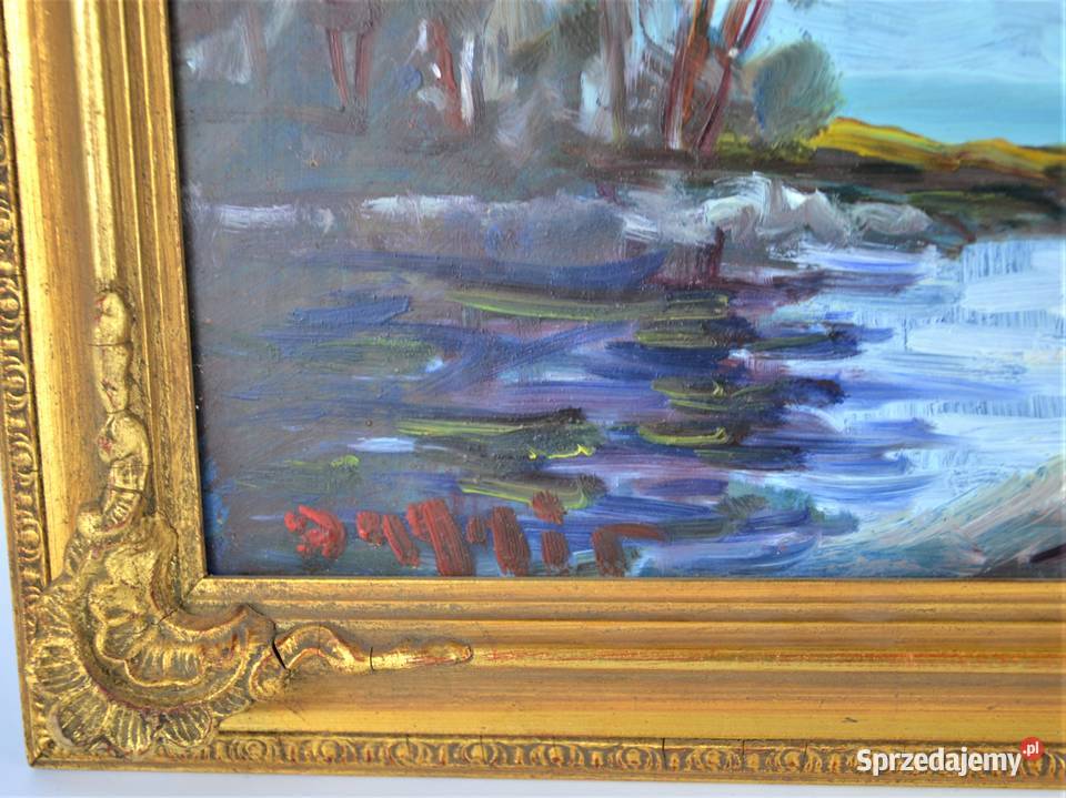 Pejzaż olej na płycie technika mieszana nóż Warszawa