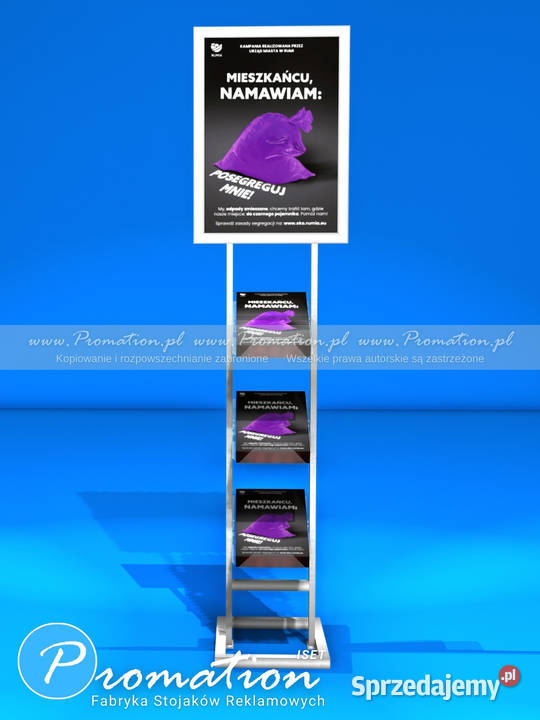 Srebrny stojak metalowy na foldery A4 i plakat Warszawa sprzedam