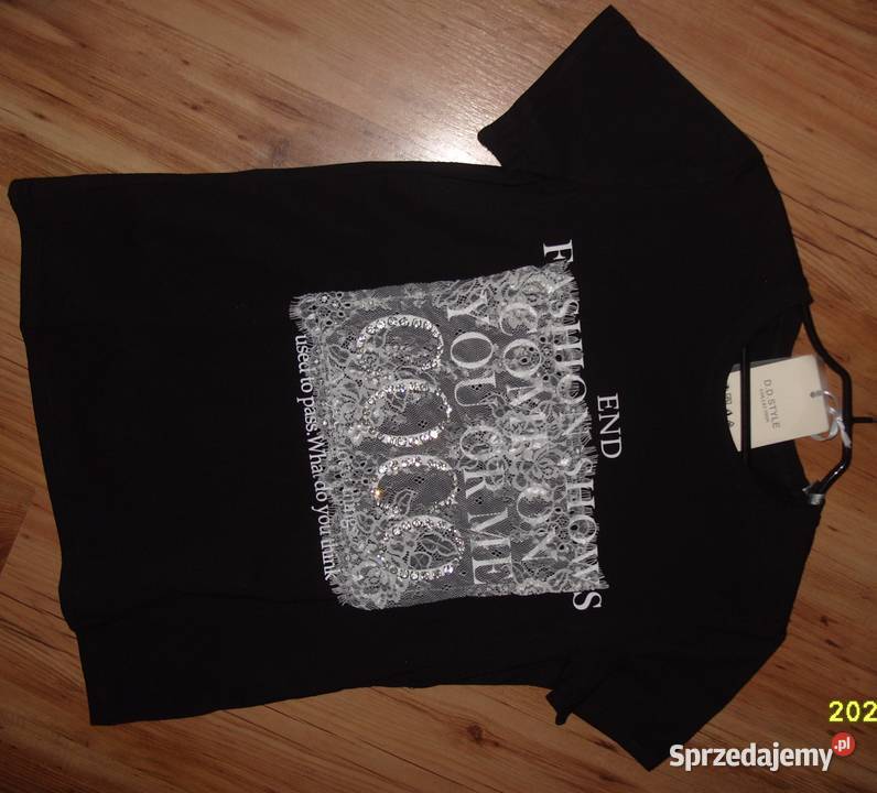 cyrkonie napis COCO koronka Tshirt NOWY rM LXL czarny Rawicz