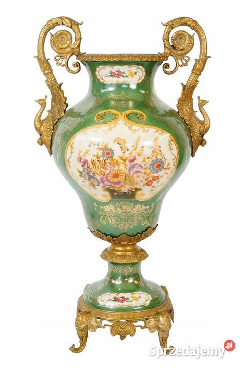 Porcelanowa Waza wazon okuty brązem zielony Antyki wielkopolskie Gizałki