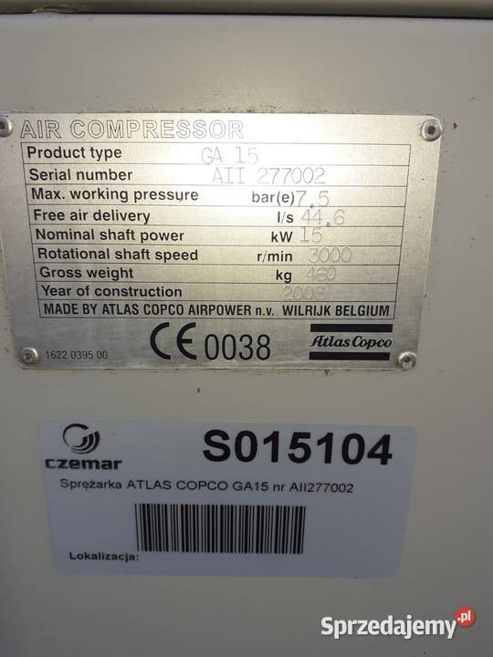 Sprężarka śrubowa ATLAS COPCO GA15 15kW 268m3min opolskie Wilków