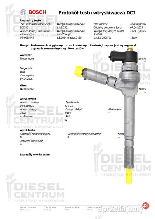 Wtryskiwacze Bosch Komplet 4 sztuk 0445110175 Wtryskiwacze Miszewo