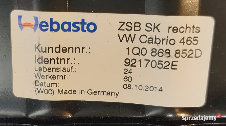 ZAŚLEPKA DACHU PRAWY TYŁ VW EOS 1Q0868852D osobowe Motoryzacja Mielęcin