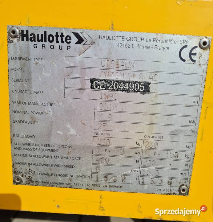 Podnośnik nożycowy Haulotte Optimum 8 AC 2018 Maszyny budowlane Dąbrowa Tarnowska