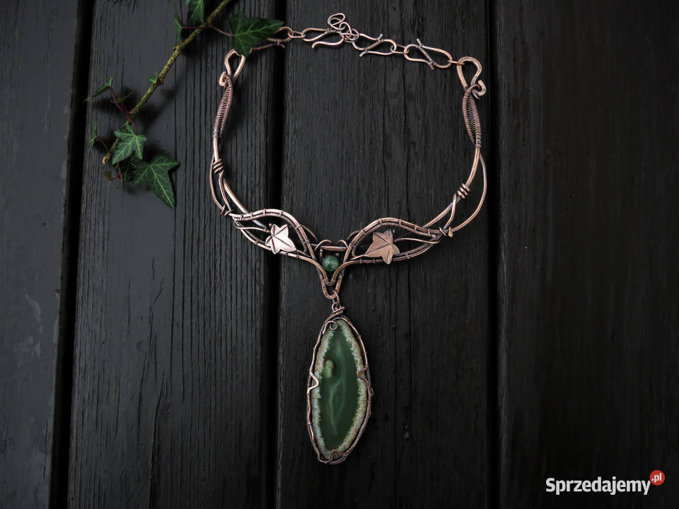 Unikatowa kolia zielony agat bluszcz rękodzieło Kraków