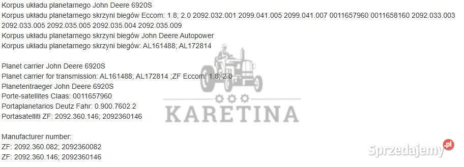 John Deere 6920S ZF 2092360082 Koło Planetarne Jastrzębniki