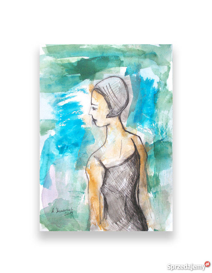 akwarela z kobietą sport obraz pływanie obraz odcienie błękitu Częstochowa