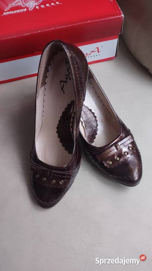 Skórzane brązowe półbuty czółenka damskie 36 AgA brązowy/beżowy sprzedam