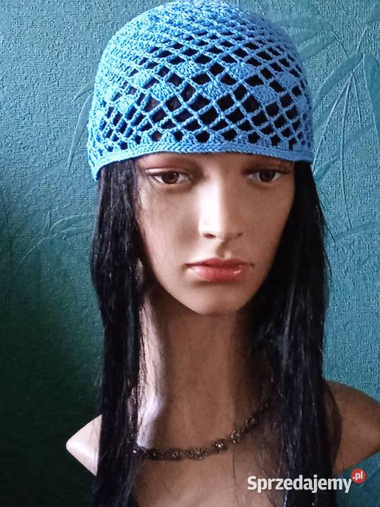 BŁĘKITNA BAWEŁNIANA AŻUROWA CZAPECZKA sprzedam