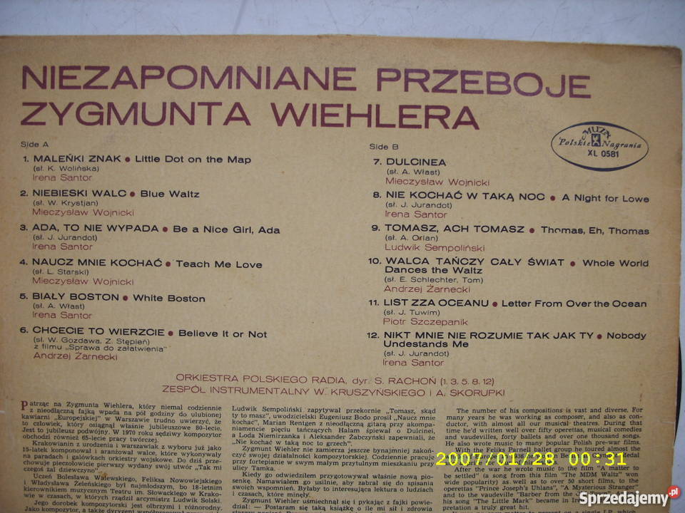LP Pop ZYGMUNT WIECHLER NIEZAPOMNIANE MELODIE Wołów