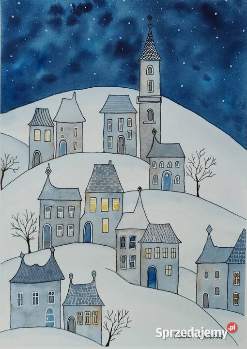 Akwarela Akwarelka Obraz pt Bajkowa Kraina Nocą Warszawa