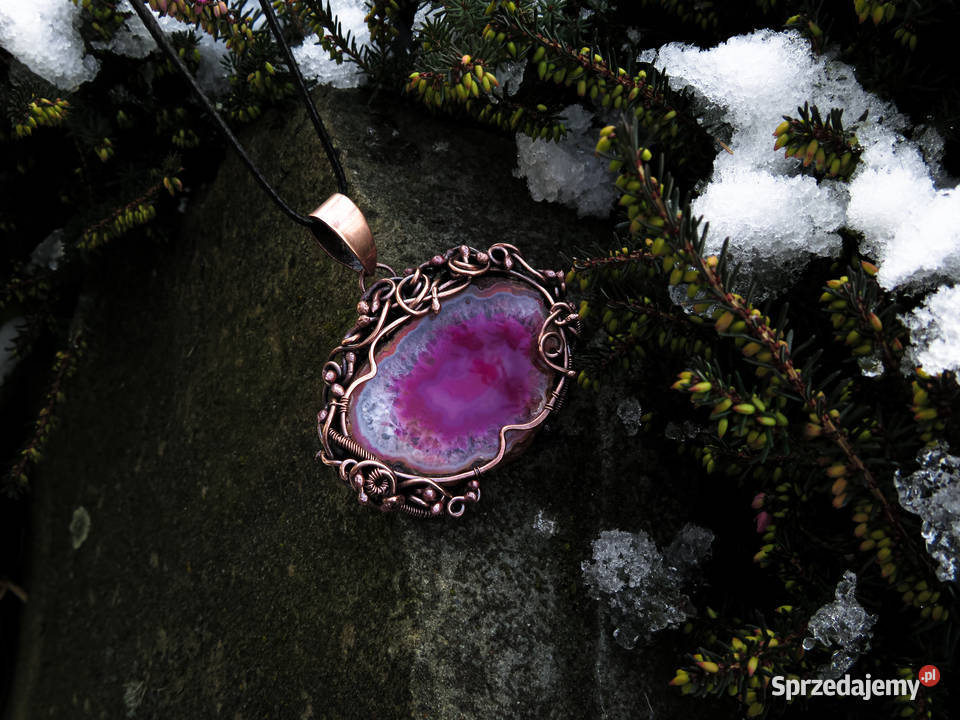 Unikatowy wisior z różowym agatem miedź Kraków
