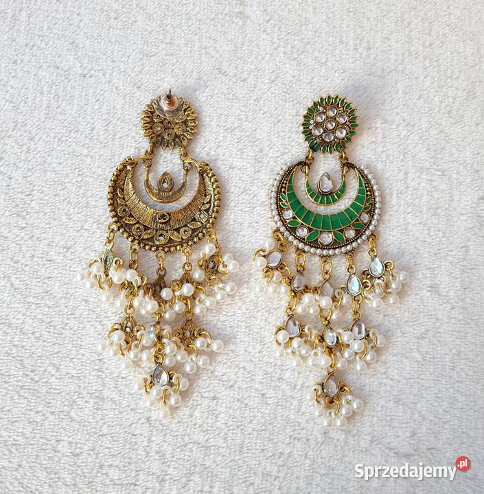 Długie kolczyki zielony złoty kolor indyjskie
